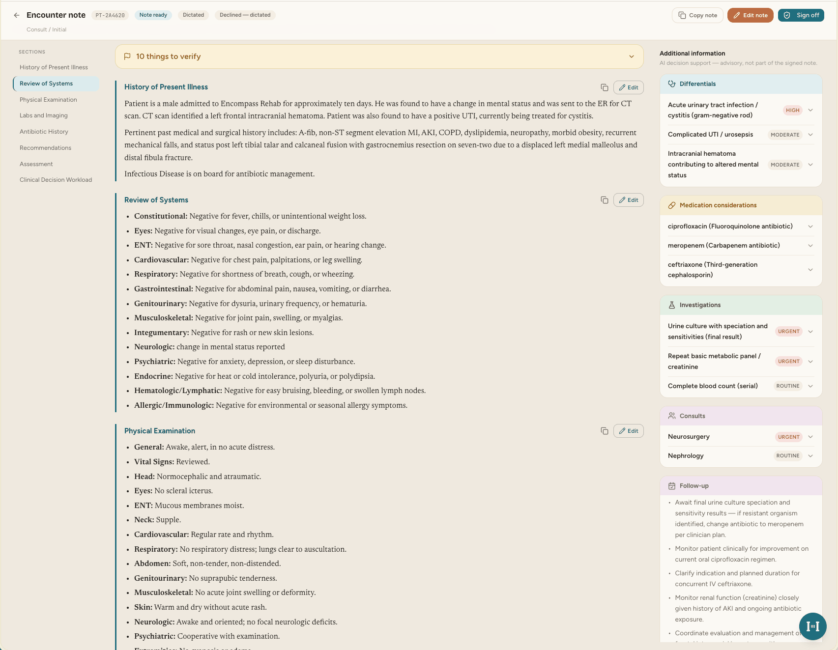 The Hygieia web note review with differentials, medication considerations, investigations, consults, and follow-up decision support